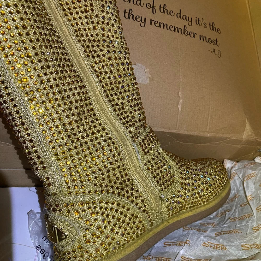 Gold Glitter Rhinestone Boots - Picture 4 of 7
